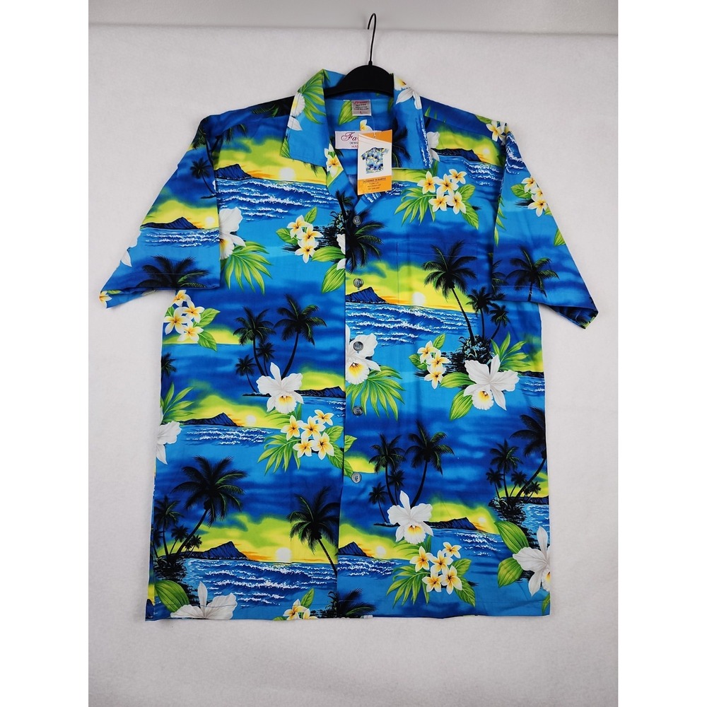 Favant NWT Hawaiian Shirt Mens L Blue Floral Short Sleeve Button Up 100% Cotton